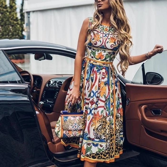 Women's Retro Print Casual Midi Dress