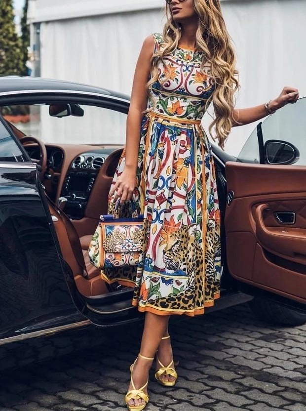 Women's Retro Print Casual Midi Dress