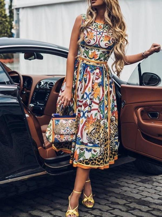 Women's Retro Print Casual Midi Dress