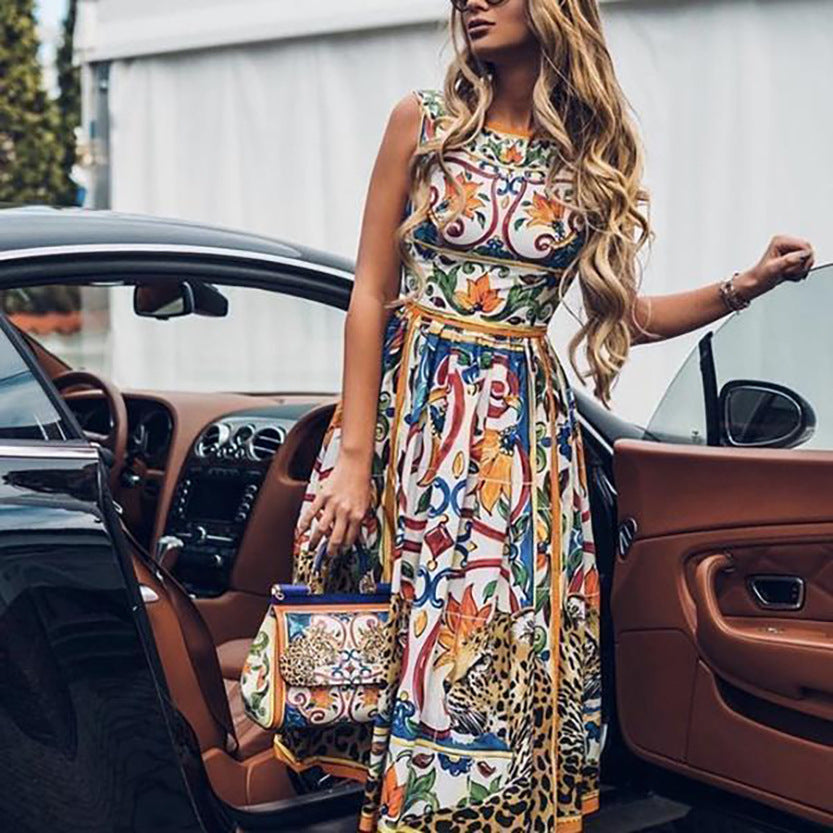 Women's Retro Print Casual Midi Dress