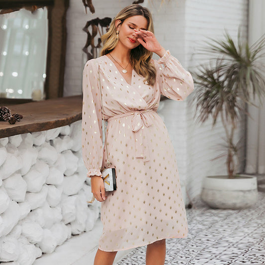 Women's Belted Lantern Sleeve Midi Dress
